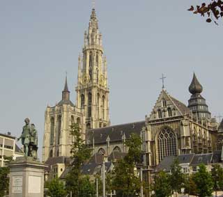 Rubens' statue in the Groenplaats is overlooked by the Cathedral of Our Lady