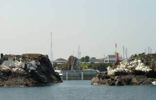 The narrow and rocky approach to Beaucette marina