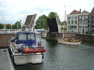 Moored at Middelburg as the bridge lifts for a yacht to leave